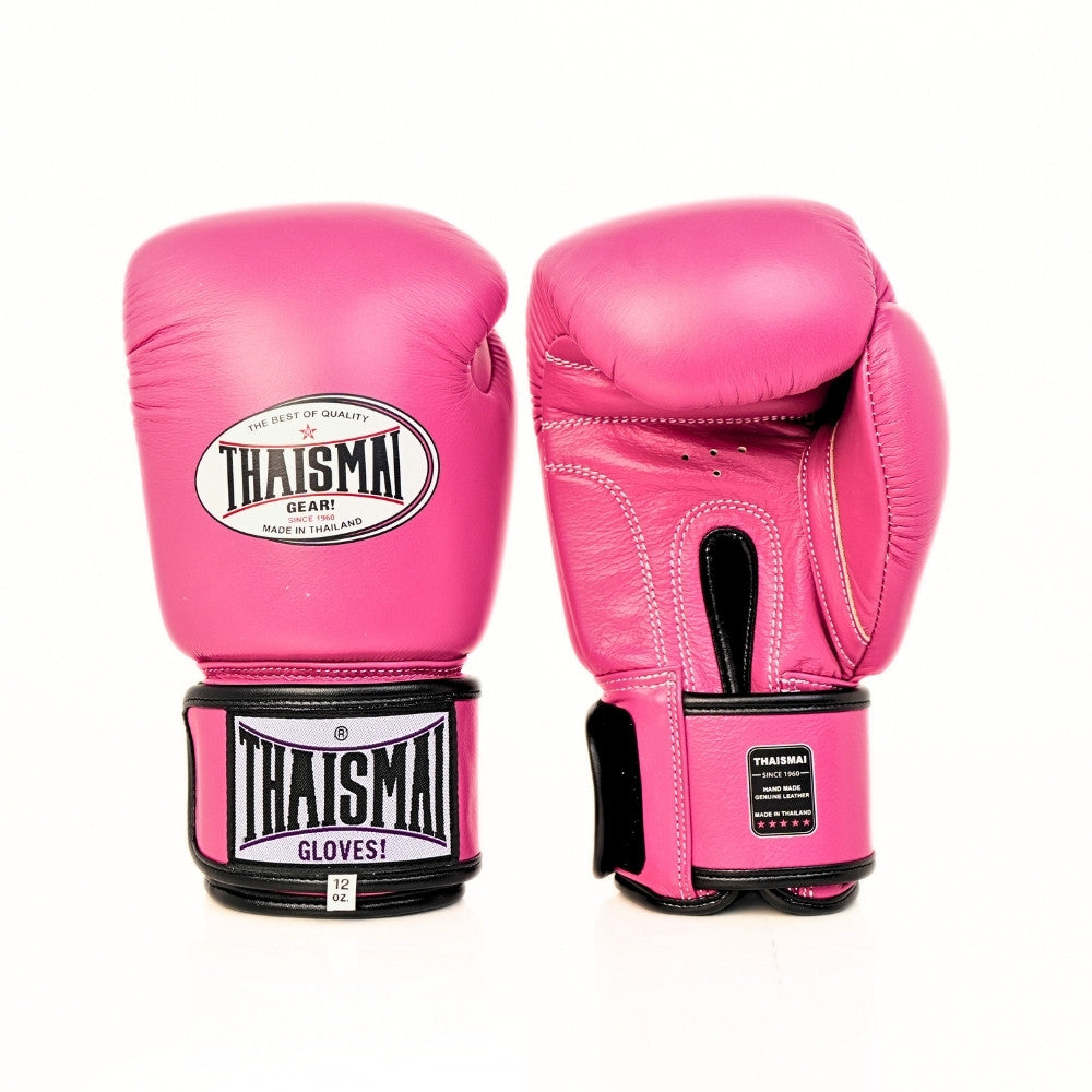 Pair of pink THAISMAI BG124 boxing gloves shown side by side, with one viewed from the front and one from the rear to show the wrist strap and glove construction.