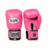 Pair of pink THAISMAI BG124 boxing gloves shown side by side, with one viewed from the front and one from the rear to show the wrist strap and glove construction.