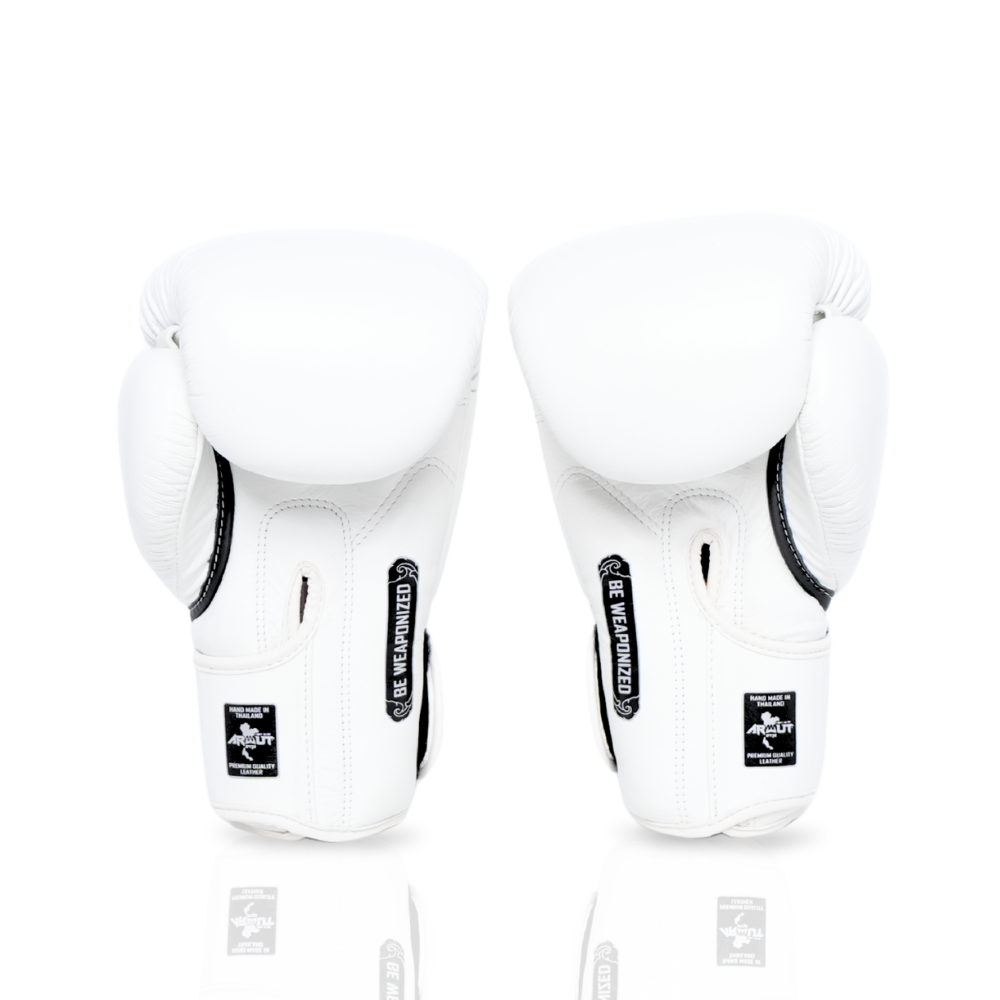 ARWUT BG5 The Ascent white Muay Thai boxing gloves in genuine leather with high-density foam padding and ergonomic fist shape, pair on a white background