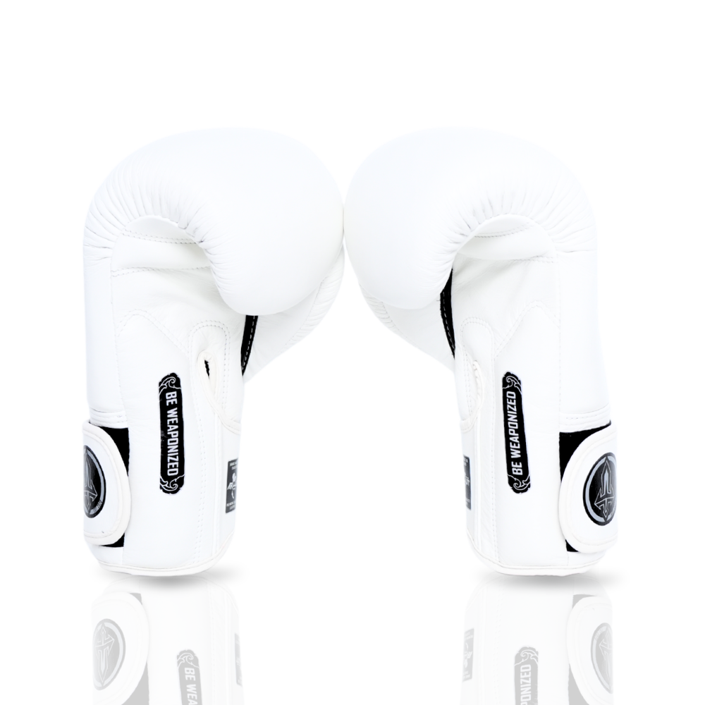 ARWUT BG5 The Ascent white Muay Thai boxing gloves in genuine leather with high-density foam padding and ergonomic fist shape, pair on a white background