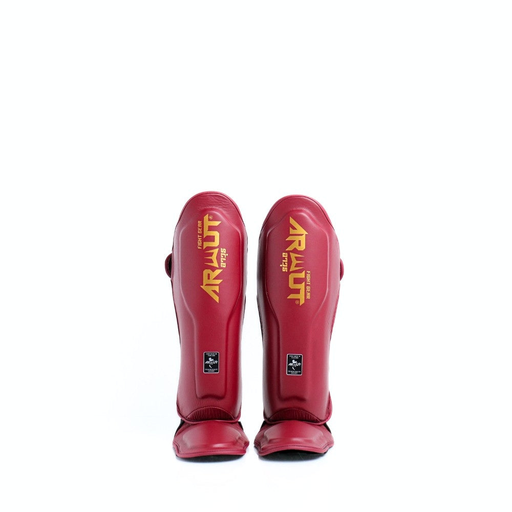 Arwut SG4 The Ascent Muay Thai and MMA shin guards in genuine leather with extra-thick lightweight foam, reinforced instep and Velcro closure on a white background