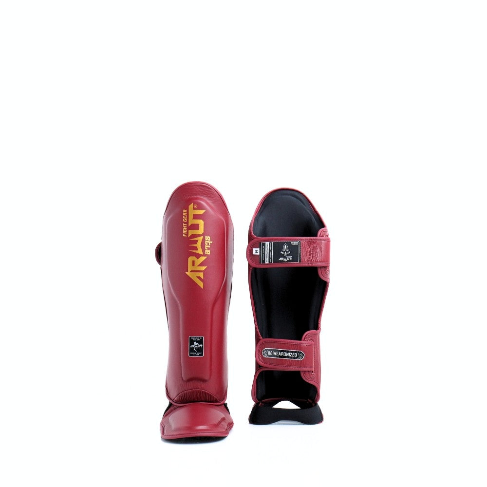Arwut SG4 The Ascent Muay Thai and MMA shin guards in genuine leather with extra-thick lightweight foam, reinforced instep and Velcro closure on a white background