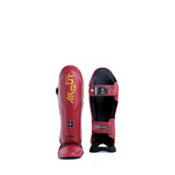 Arwut SG4 The Ascent Muay Thai and MMA shin guards in genuine leather with extra-thick lightweight foam, reinforced instep and Velcro closure on a white background