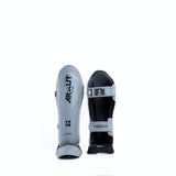 Arwut SG4 The Ascent Muay Thai and MMA shin guards in genuine leather with extra-thick lightweight foam, reinforced instep and Velcro closure on a white background