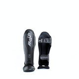 Arwut SG4 The Ascent Muay Thai and MMA shin guards in genuine leather with extra-thick lightweight foam, reinforced instep and Velcro closure on a white background
