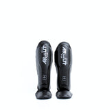 Arwut SG4 The Ascent Muay Thai and MMA shin guards in genuine leather with extra-thick lightweight foam, reinforced instep and Velcro closure on a white background