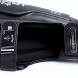 Arwut SG4 The Ascent Muay Thai and MMA shin guards in genuine leather with extra-thick lightweight foam, reinforced instep and Velcro closure on a white background