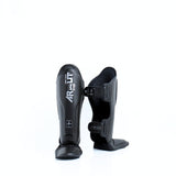 Arwut SG4 The Ascent Muay Thai and MMA shin guards in genuine leather with extra-thick lightweight foam, reinforced instep and Velcro closure on a white background