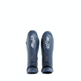 Arwut SG4 The Ascent Muay Thai and MMA shin guards in genuine leather with extra-thick lightweight foam, reinforced instep and Velcro closure on a white background