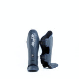 Arwut SG4 The Ascent Muay Thai and MMA shin guards in genuine leather with extra-thick lightweight foam, reinforced instep and Velcro closure on a white background