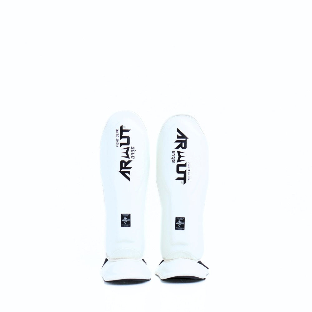 Arwut SG4 The Ascent Muay Thai and MMA shin guards in genuine leather with extra-thick lightweight foam, reinforced instep and Velcro closure on a white background