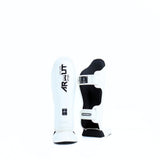 Arwut SG4 The Ascent Muay Thai and MMA shin guards in genuine leather with extra-thick lightweight foam, reinforced instep and Velcro closure on a white background