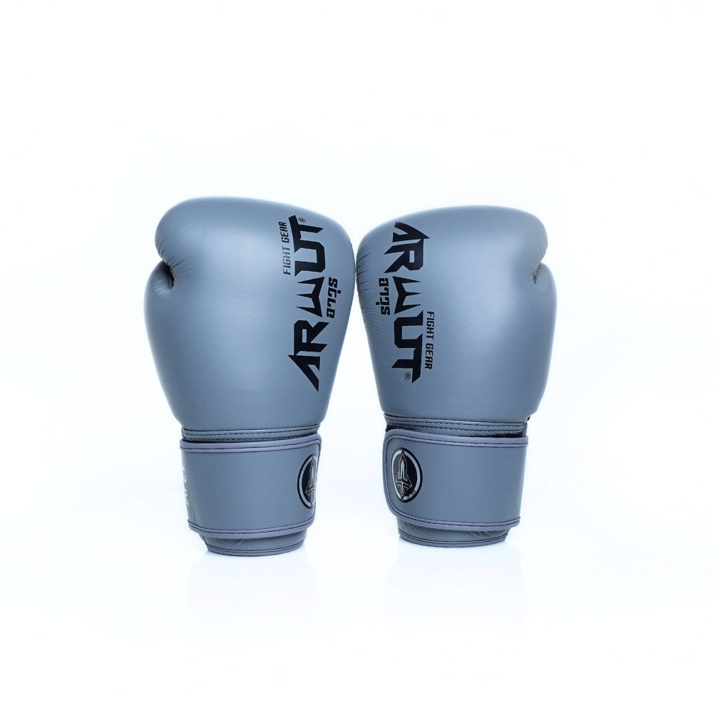 ARWUT BG5 The Ascent Iron Grey Muay Thai boxing gloves in genuine leather with high-density foam padding and ergonomic fist shape, pair on a white background