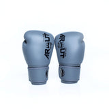 ARWUT BG5 The Ascent Iron Grey Muay Thai boxing gloves in genuine leather with high-density foam padding and ergonomic fist shape, pair on a white background