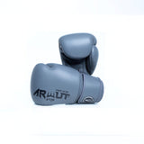 ARWUT BG5 The Ascent Iron Grey Muay Thai boxing gloves in genuine leather with high-density foam padding and ergonomic fist shape, pair on a white background