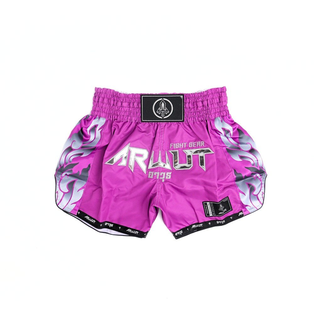 ARWUT BS3 Ascent Edition Muay Thai shorts in lightweight satin with bold Thai boxing artwork, elastic waistband and traditional side-slit cut on a white background
