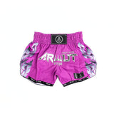 ARWUT BS3 Ascent Edition Muay Thai shorts in lightweight satin with bold Thai boxing artwork, elastic waistband and traditional side-slit cut on a white background