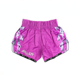 ARWUT BS3 Ascent Edition Muay Thai shorts in lightweight satin with bold Thai boxing artwork, elastic waistband and traditional side-slit cut on a white background