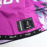 ARWUT BS3 Ascent Edition Muay Thai shorts in lightweight satin with bold Thai boxing artwork, elastic waistband and traditional side-slit cut on a white background