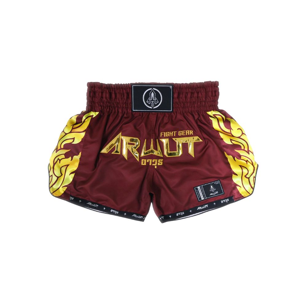 ARWUT BS3 Ascent Edition Muay Thai shorts in lightweight satin with bold Thai boxing artwork, elastic waistband and traditional side-slit cut on a white background
