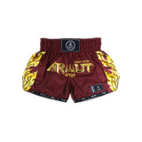 ARWUT BS3 Ascent Edition Muay Thai shorts in lightweight satin with bold Thai boxing artwork, elastic waistband and traditional side-slit cut on a white background