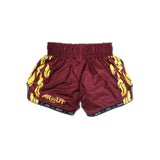 ARWUT BS3 Ascent Edition Muay Thai shorts in lightweight satin with bold Thai boxing artwork, elastic waistband and traditional side-slit cut on a white background