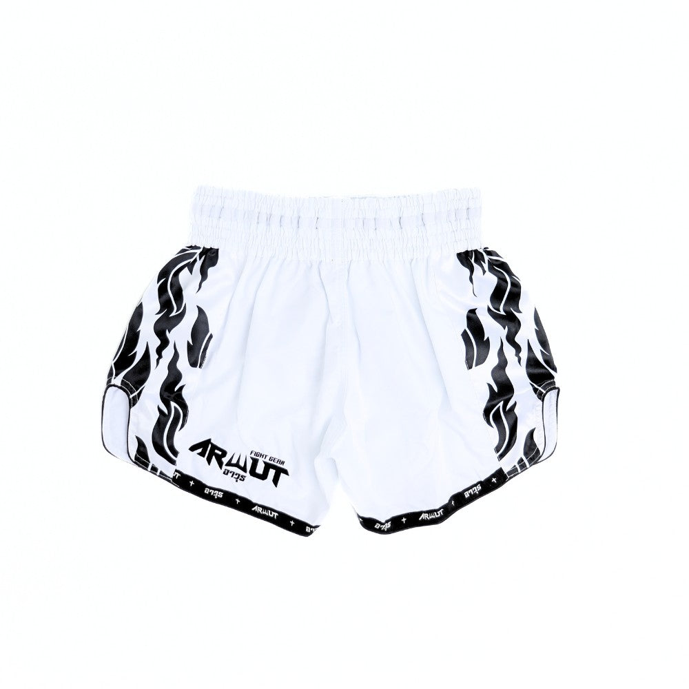 ARWUT BS3 Ascent Edition Muay Thai shorts in lightweight satin with bold Thai boxing artwork, elastic waistband and traditional side-slit cut on a white background