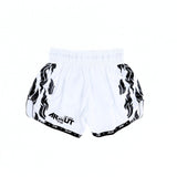 ARWUT BS3 Ascent Edition Muay Thai shorts in lightweight satin with bold Thai boxing artwork, elastic waistband and traditional side-slit cut on a white background