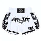 White ARWUT BS3 Forest Muay Thai shorts with black flame graphics and elastic waistband on a white background.