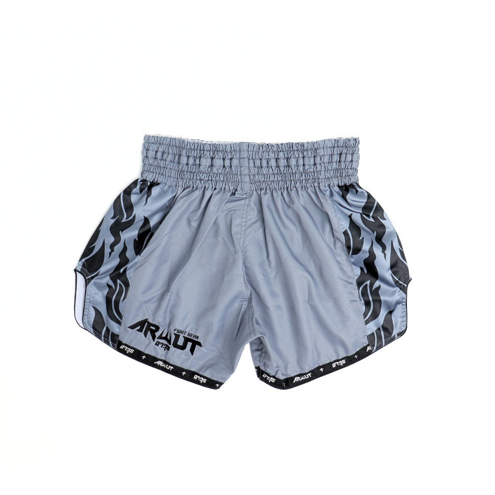 ARWUT BS3 Ascent Edition Muay Thai shorts in lightweight satin with bold Thai boxing artwork, elastic waistband and traditional side-slit cut on a white background