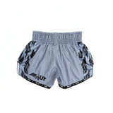 ARWUT BS3 Ascent Edition Muay Thai shorts in lightweight satin with bold Thai boxing artwork, elastic waistband and traditional side-slit cut on a white background