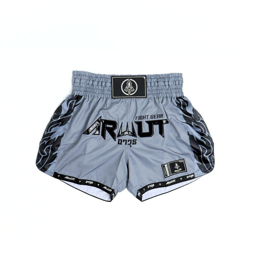 ARWUT BS3 Ascent Edition Muay Thai shorts in lightweight satin with bold Thai boxing artwork, elastic waistband and traditional side-slit cut on a white background