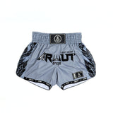 ARWUT BS3 Ascent Edition Muay Thai shorts in lightweight satin with bold Thai boxing artwork, elastic waistband and traditional side-slit cut on a white background