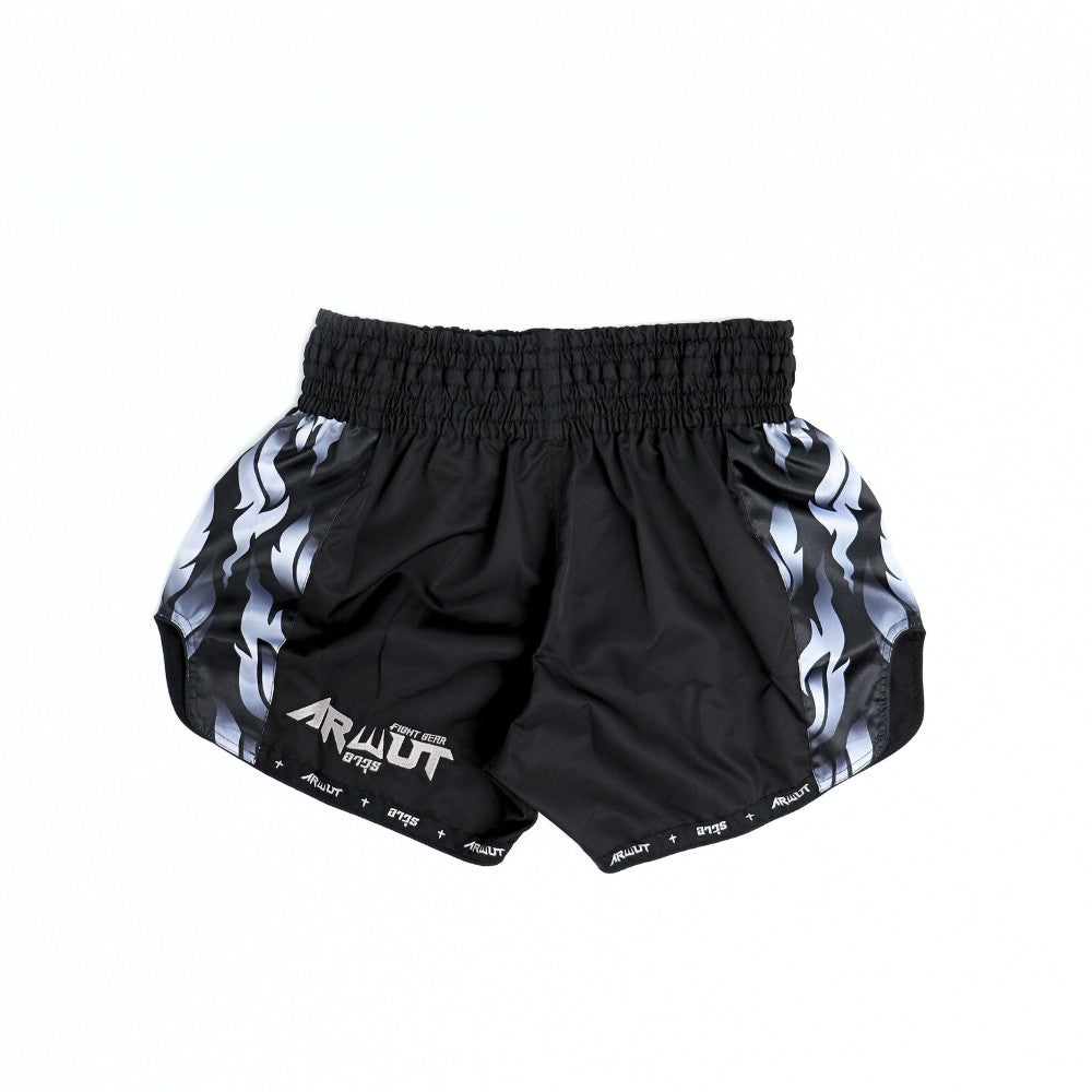 ARWUT BS3 Ascent Edition Muay Thai shorts in lightweight satin with bold Thai boxing artwork, elastic waistband and traditional side-slit cut on a white background