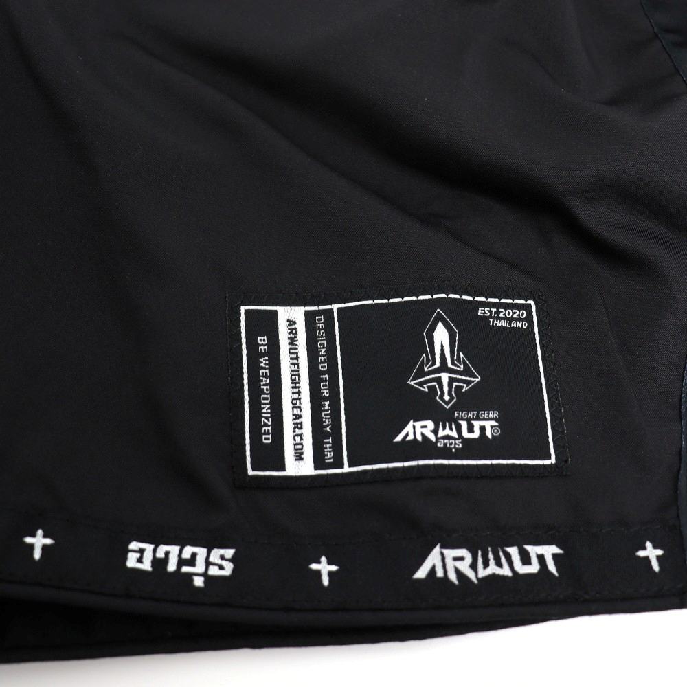 ARWUT BS3 Ascent Edition Muay Thai shorts in lightweight satin with bold Thai boxing artwork, elastic waistband and traditional side-slit cut on a white background