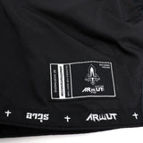 ARWUT BS3 Ascent Edition Muay Thai shorts in lightweight satin with bold Thai boxing artwork, elastic waistband and traditional side-slit cut on a white background