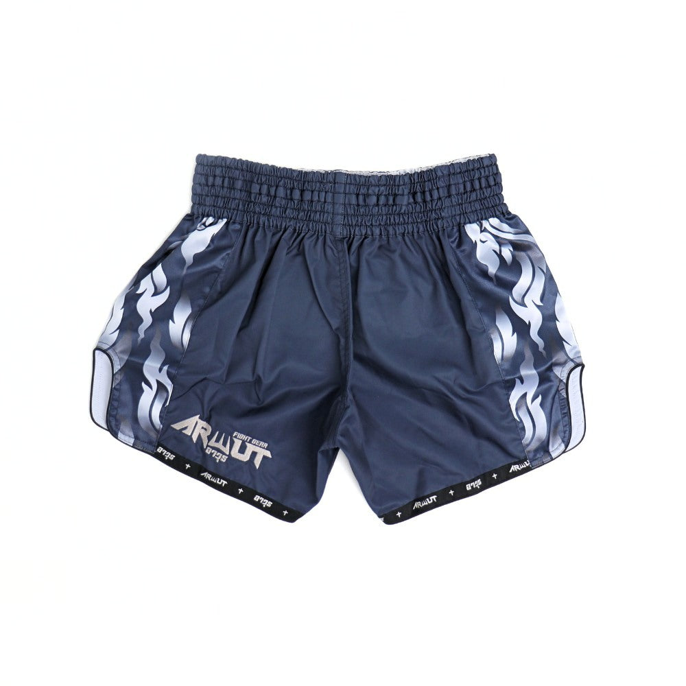 ARWUT BS3 Ascent Edition Muay Thai shorts in lightweight satin with bold Thai boxing artwork, elastic waistband and traditional side-slit cut on a white background