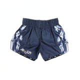 ARWUT BS3 Ascent Edition Muay Thai shorts in lightweight satin with bold Thai boxing artwork, elastic waistband and traditional side-slit cut on a white background