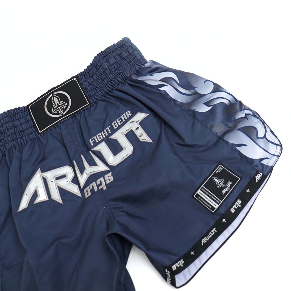 ARWUT BS3 Ascent Edition Muay Thai shorts in lightweight satin with bold Thai boxing artwork, elastic waistband and traditional side-slit cut on a white background