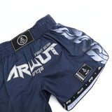 ARWUT BS3 Ascent Edition Muay Thai shorts in lightweight satin with bold Thai boxing artwork, elastic waistband and traditional side-slit cut on a white background