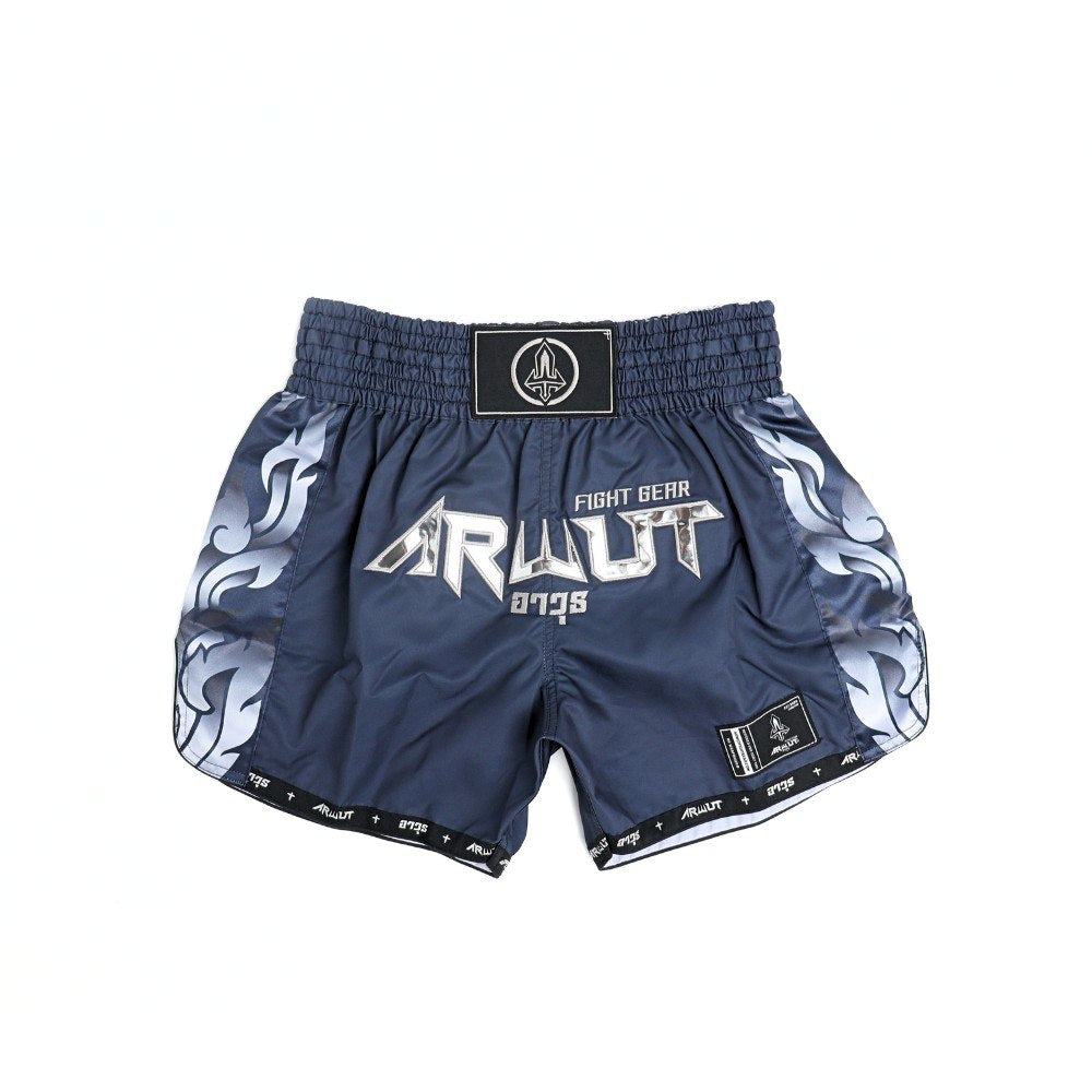 ARWUT BS3 Ascent Edition Muay Thai shorts in lightweight satin with bold Thai boxing artwork, elastic waistband and traditional side-slit cut on a white background