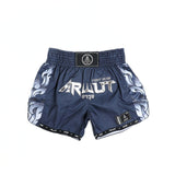 ARWUT BS3 Ascent Edition Muay Thai shorts in lightweight satin with bold Thai boxing artwork, elastic waistband and traditional side-slit cut on a white background