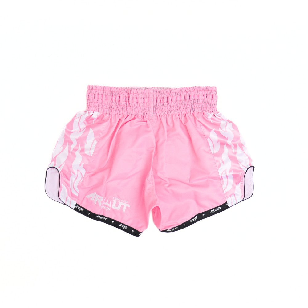 ARWUT BS3 Ascent Edition Muay Thai shorts in lightweight satin with bold Thai boxing artwork, elastic waistband and traditional side-slit cut on a white background