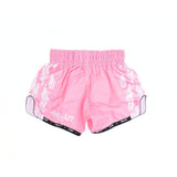 ARWUT BS3 Ascent Edition Muay Thai shorts in lightweight satin with bold Thai boxing artwork, elastic waistband and traditional side-slit cut on a white background