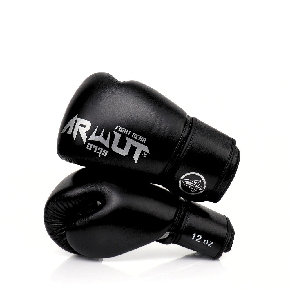 ARWUT BG5 The Ascent Jet Black Muay Thai boxing gloves in genuine leather with high-density foam padding and ergonomic fist shape, pair on a white background