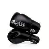 ARWUT BG5 The Ascent Jet Black Muay Thai boxing gloves in genuine leather with high-density foam padding and ergonomic fist shape, pair on a white background