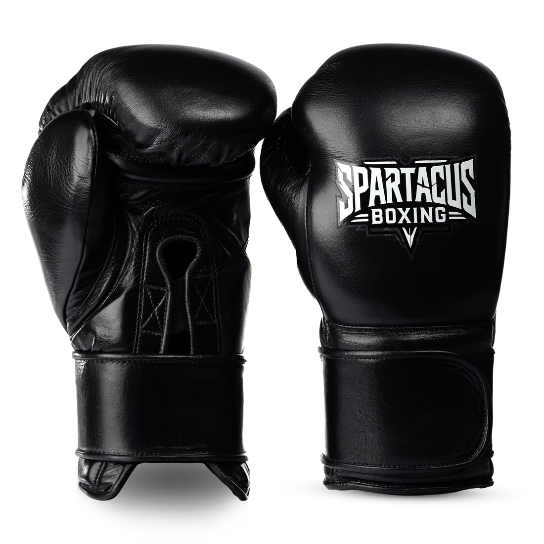 Black Spartacus Boxing Velcro sparring gloves with hook-and-loop wrist closure.