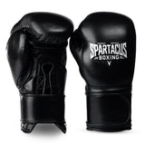 Black Spartacus Boxing Velcro sparring gloves with hook-and-loop wrist closure.