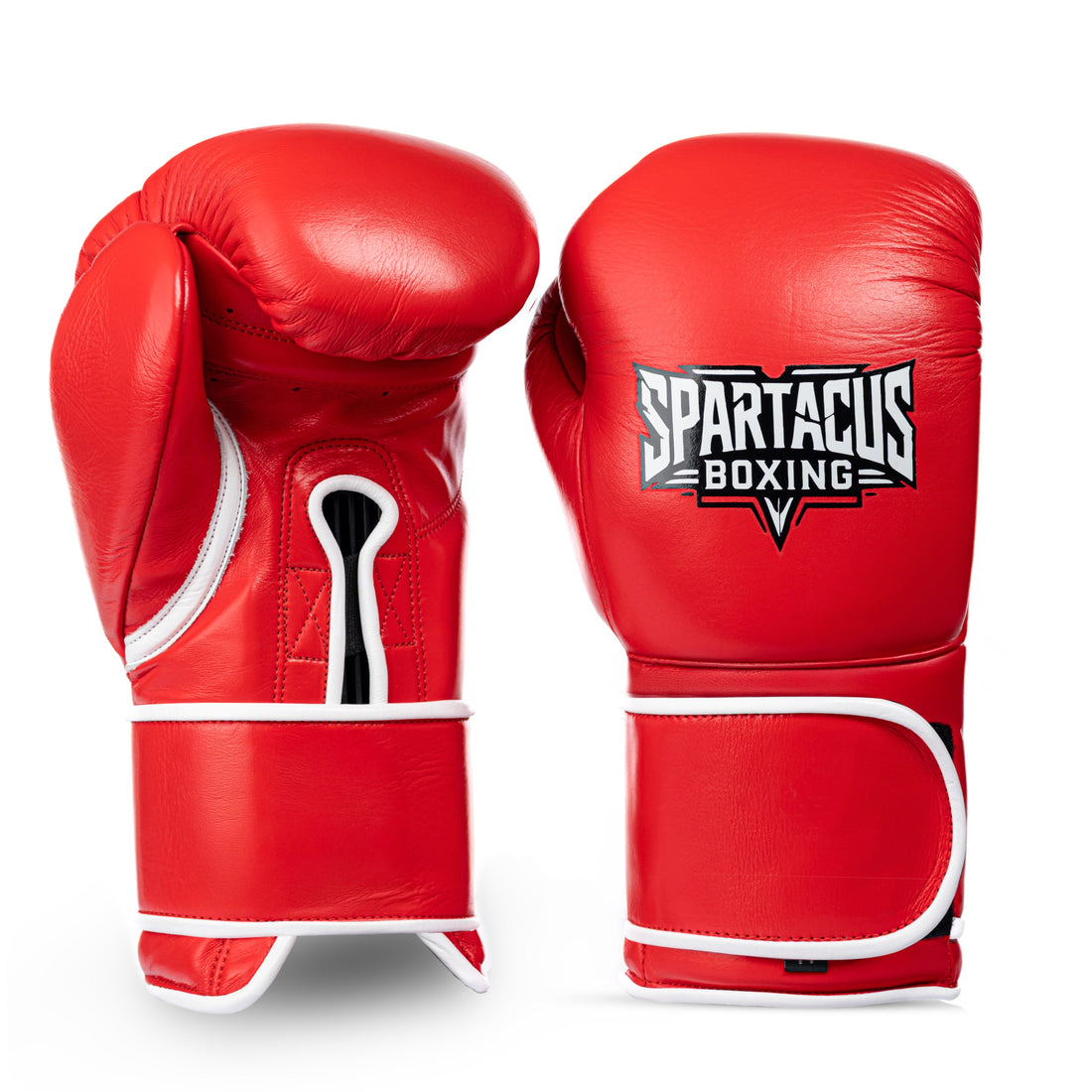 Red Spartacus Boxing Velcro sparring gloves with hook-and-loop wrist closure.