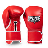 Red Spartacus Boxing Velcro sparring gloves with hook-and-loop wrist closure.